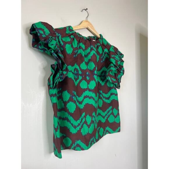NEW Ulla Johnson Iren Abstract Silk Crew-Neck Ruffled Blouse Top - Picture 3 of 7